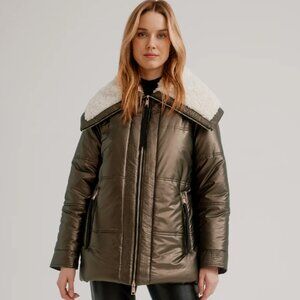 NIKKI JONES Faux Leather Quilted Moto Jacket with Berber Lined Collar, Large